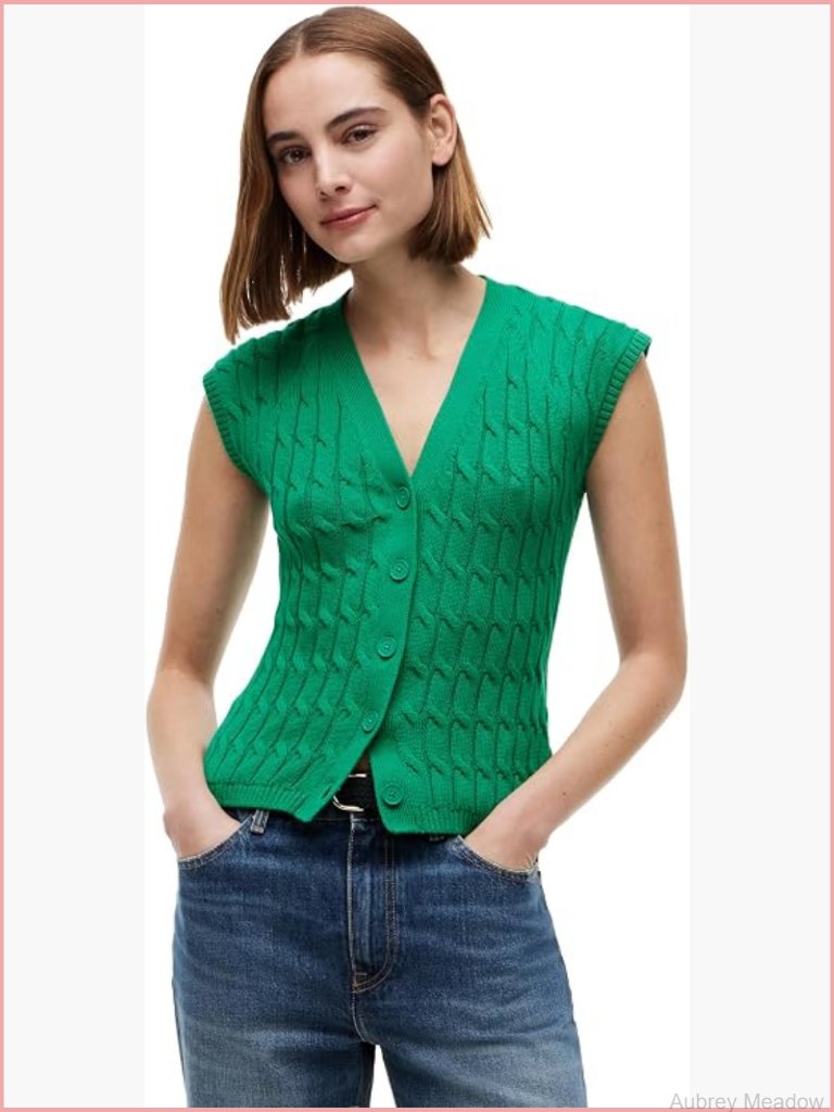 Cotton Cable Knit V-Neck Cardigan Sweater Lightweight Sleeveless Button Down